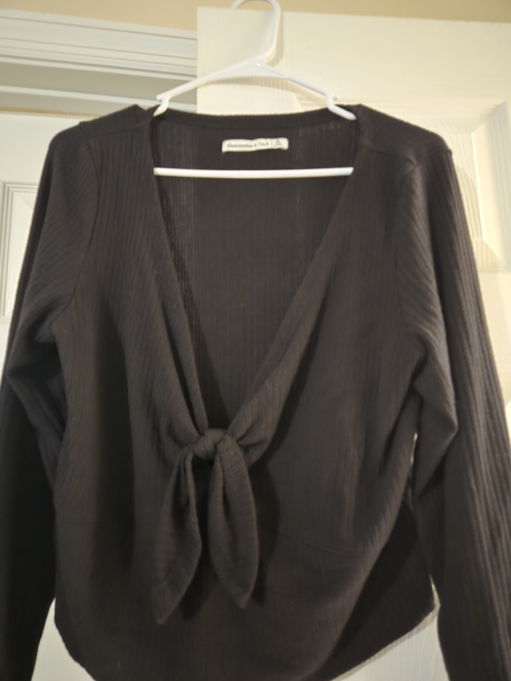 Abercrombie & Fitch Ribbed Tie Front Cardigan Long Sleeve Top Black XL